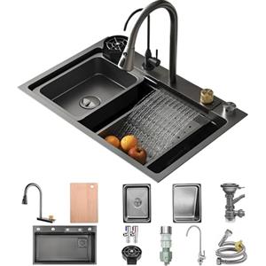 OMGMTSTORE - Lavello da cucina moderno, 85 x 50 cm, in acciaio inox, da incasso, 1 vasca nera grigia, 5 fori, rettangolare, cestello scolapiatti, profondità 22 cm, 85 x 50 x 22 cm