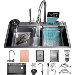 KOOGIMDDR 80×50cm lavello da cucina con cascataterraneo rubinetto, cascata lavello Bancone bar acciaio inox 13 set, 1 vasca lavello della postazione di lavoro, con Dispenser di Sapone