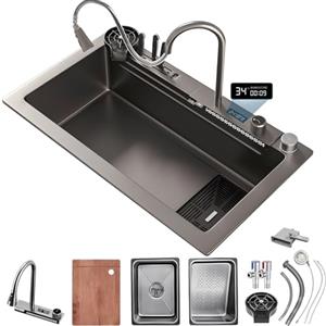 KOOGIMDDR 75×45cm lavello della postazione di lavoro Acciaio inossidabile, cascata lavello cucina acciaio inox set, lavello cucina 1 vasca con Rubinetto Estraibile, Dispenser di Sapone