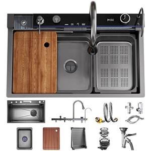 OMGMTSTORE Lavandino Cucina 80 x 45 cm,Lavello Cucina 1 Vasca in Acciaio Inox,Lavello Antracite Nero Multifunzione Cucina,con rubinetto, estraibile, con sifone, lavello interno di ricambio e tagliere