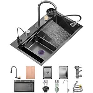 OMGMTSTORE Lavello Cucina 1 vasca 80 x 50 cm,Lavandino Cucina in acciaio inox,Lavello Cucina Antracite Nero,Grande Lavandino Cucina multifunzione con rubinetto,Lavello Mobile,Tagliere,Dispenser Sapone