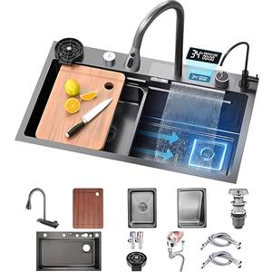 KOOGIMDDR Lavello da cucina con cascata, 80 × 45 cm, rubinetto a cascata LED, tagliere scorrevole e sistema di lavaggio ad alta pressione, compatto e multifunzionale