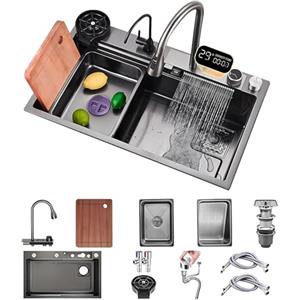 Koogimddr 1 lavello rettangolare e profondo da cucina, con rubinetto a cascata, 80 x 50 cm, in acciaio inox, per uso domestico, con display, accessorio per pulire i bicchieri e cestelli di scarico