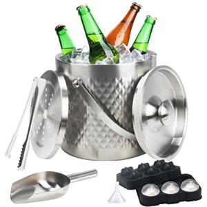 Minnhua 3L secchiello ghiaccio vino ghiaccio per cocktail porta ghiaccio a Doppia Parete in Acciaio Inox secchiello per ghiaccio a diamante con coperchio paletta pinze contenitore per ghiaccio e colin