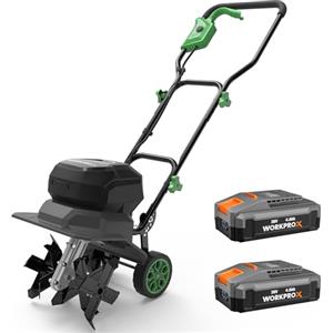 WORKPROX Motozappa Elettrica Senza Fili 40V, Lavoro 30 cm x 20 cm, doppia Batteria 4000 mAh, Manubrio Pieghevole, Ruote Regolabili in 4 Posizioni - Compatta e Silenziosa per Giardino, Orto e Frutteto