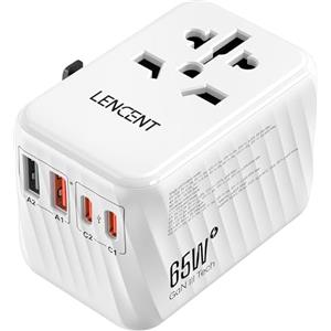 LENCENT GaN3 65W Adattatore da Viaggio Universale, Caricatore Rapido con 2 PD3.0 Type C+2 QC USB A, Adattatore di Alimentazione per Telefoni, PC, Tutto in Uno Spina da Viaggi per EU/UK/USA/AUS -Bianco