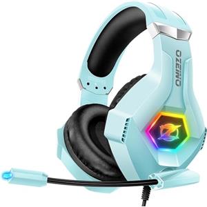 Ozeino Cuffie Gaming per Ps4 Ps5 PC, Cuffie con Microfono Cancellazione del Rumore, 3D Surround Sound, Cuffie Comfort con LED RGB, Blu Chiaro