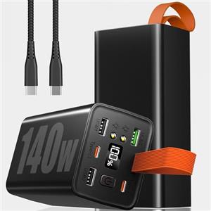 Kruilan 70000mAh Power Bank, 140W Powerbank Ricarica Rapida con 3 USB A e 2 USB C Porte, Display Digitale, Torcia, Cavo di ricarica da 100W, Caricatore Portatile per Laptop, Smartphone, Tablet (Nero)