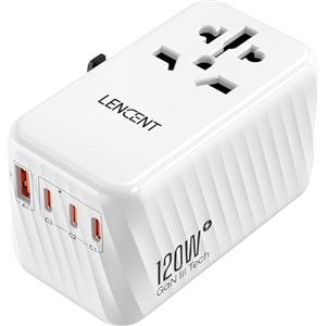 LENCENT GaN 120W Adattatore da Viaggio Universale, Caricatore Rapido con 3 PD3.0 Tipo C+1 QC USB A, Adattatore di Alimentazione per Telefoni, PC, Tutto in Uno Spina da Viaggi per EU/UK/USA/AUS -Bianco