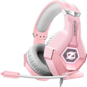 Ozeino Cuffie da gioco con microfono 3D Surround Sound Headset con cancellazione del rumore RGB luci rosa