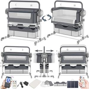 Doraystar Elettrico Bluetooth Intelligente Culla Neonato Next to me, Pieghevole Convertibile Culla Co-sleeping, Letto Fianco Letto con Musica e Telecomando, 5 Ingranaggi Oscillanti (608 Grey)