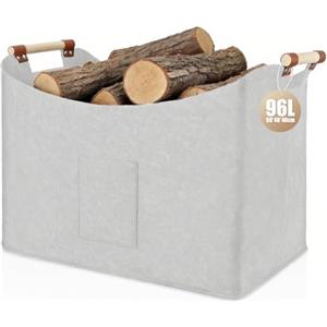YTUGIL Cestino in Feltro 96L, Cesto per Legna, Cestino pieghevole per legna da ardere, in feltro extra spesso, manico rinforzato, per shopping, legno, giornali (1 Confezione - Grigio Chiaro)