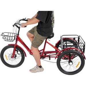 Ciounmb - Triciclo pieghevole da 20 pollici per adulti, 7 velocità con cestino per lo shopping, lucchetto, freno a disco anteriore, freno a tamburo posteriore, bicicletta a 3 ruote (Rosso)