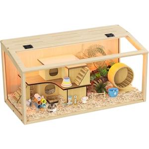 BingoPaw Gabbia per Criceti 60x40x40cm: Legno e Vetro temperato Trasparente con Luce, Gabbia Roditori Piccoli Animali Domestici, Solo Casetta Nessun Giocattolo Interno o Accessorio