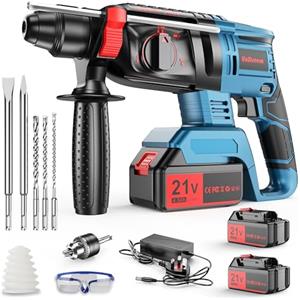 Tdyon Martello Perforatore a Batteria, Martello Tassellatore a Batteria, Martello Demolitore Batterie 21V 4Ah, 4 in 1 Funzione, Adattatore SDS-plus con Mandrino, 3 Punte, 2 Scalpelli