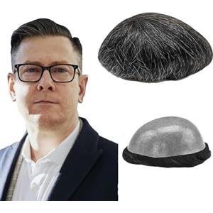N.L.W. Parrucca Uomo PU Toupet Pezzi di Capelli Umani Europei per Gli Uomini Sostituzione dei Capelli Sistema 8×10 Pollici Parrucche 0,06 Centimetri di Spessore Uomini Parrucca #Nero + bianco