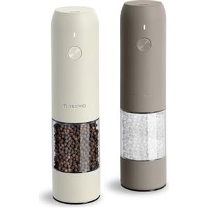TLYSXPRO Macina Sale e Pepe Elettrico Set da 2, Ricaricabile USB-C, Macinapepe Elettrico con Grana Regolabile, Luce LED, Spazzola di Pulizia, Accessori Cucina, Greige&Buttercream