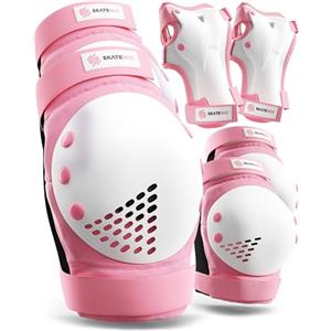 SKATEWIZ Protezioni Pattini Adulto - Protezioni Skateboard Ginocchiere Skateboard - Protezione Skate Ginocchiere - Pattini da Ghiaccio - SMASH Taglia L Rosa Bianco