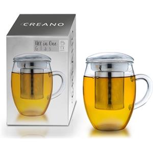 Creano Bicchiere da Tè Tutto in Uno 400 ml, Grande Tazza da Tè Sfuso con Filtro in Acciaio Inossidabile e Coperchio in Vetro, Teiera in Attraente Confezione Regalo Trasparente 1 Pezzo