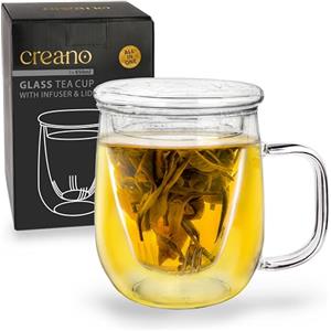 Creano Bicchiere da Tè Tutto in Uno da 450 ml, Grande Tazza per Tè Sfuso con Filtro in Vetro e Coperchio in Vetro, Teiera in Attraente Confezione Regalo Trasparente 1 Pezzo (Confezione da 1)