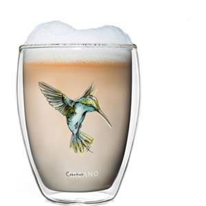 Creano Bicchiere Termico Doppia Parete 250ml Colibrì Ucello Blu - Bicchiere in Vetro Borosilicato con Stampa Uccello blu- Tazza Termica Latte Macchiato Ideale Regalo Elegante con Scatola - 1x 250ml