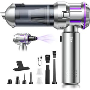 CUGEFRE Aspirabriciole Senza Fili, 25000Pa Aspirapolvere Auto con Scarico Polvere Automatico a un Tocco, 4 in 1 Mini Aspirapolvere, Motore Brushless, Aspirazione a 3 Velocità per Peli di Animali, Auto, Casa