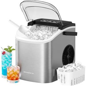 SONGMICS Macchina Ghiaccio, Macchina Cubetti Ghiaccio Autopulente, 9 Cubetti in 6 Minuti di 2 Dimensioni, 12 kg in 24 Ore, Portatile, Casa Cucina Ufficio Feste Campeggio, Grigio Argento XZB001E1EU