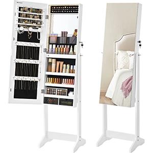 SONGMICS Specchio Portagioie da Terra, Armadietto Portagioie con Specchio a Figura Intera senza Cornice, Luce LED, 2 Cassetti, Serratura, Idea Regalo, Bianco Nuvola JJC023W01