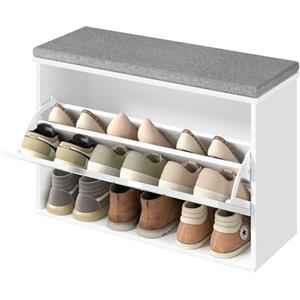 VASAGLE Panchina Scarpiera a 3 Ripiani per 9 Paia di Scarpe, Panca da Ingresso, Cassetto a Ribalta con Divisorio Regolabile, 30 x 80 x 53,5 cm, per Camera, Bianco Nuvola e Grigio Tortora LSB122WB01