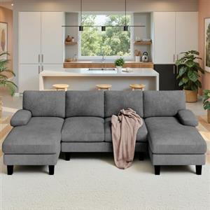 Xbro Divano Angolare a U 4 Posti con Doppia Chaise Longue, Divano Grande Moderno da Soggiorno e Salotto in Velluto a Coste, Struttura in Legno e Metallo 271x122x86 cm, Grigio Scuro