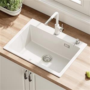 HOROW Lavello in granito 60 × 45 cm, lavello da cucina antigraffio, lavello con impregnazione, lavello angolare per cucina, lavello da incasso bianco con fori per rubinetto e foro di scarico incluso