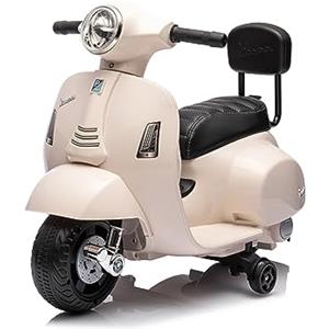 Mondial Toys Moto Elettrica Scooter per Bambini Mini Vespa GTS Piaggio 6V con Schienale Sedile in Pelle Luci Suoni Bianco
