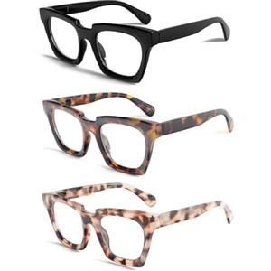 KoKoBin 3 confezioni di occhiali da lettura stile per donne e uomini anti luce blu occhiali quadrati di moda (3 Pack, 1, x)