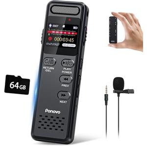 Ponovo 80GB Registratore Vocale 100 Ore Registrazione Continua, Ponovo Registratore Professionale Attivazione Vocale 1536Kbps con MIC, 1100mAh Mini Registratore Audio con Password per Interviste Riunioni