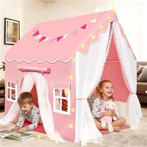 Herenear 2 IN 1 Tenda per Bambini Cameretta, Tenda da Gioco con 2 Porte per Interni Esterni con Finestre, Luci LED e Bandierine, Tenda Letto Casetta Tenda per Bambini Regalo (Rosa)