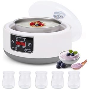 Euakee Yogurtiera, Yogurtiera Elettrica, 5 Vasetti in Vetro 100 ml, per Fino a 1,2L di Yogurt Fatto in Casa, Termostato Regolabile e Display Digitale, per Preparazione Domestica di Yogurt e Natto