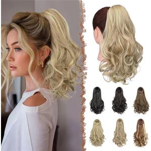 FESHFEN Coda Cavallo Capelli Extension con Coulisse, 38 cm Ondulati Ricci Sintetici Posticci Capelli per Donna, Biondo Sporco
