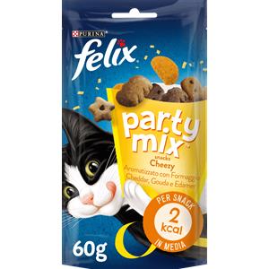 Purina Felix Party Mix Cheezy Mix - Snack per Gatti con Formaggio Cheddar, Gouda e Edamer - 60g