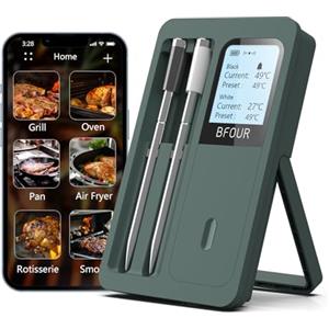 BFOUR Termometro per carne senza fili Bluetooth con 2 sonde, display LCD, controllo tramite APP, termometro per griglia per BBQ, griglia, affumicatore, forno, cucina, BF-40