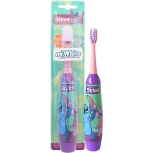 Mr White Disney Stitch - Spazzolino elettrico a batteria per bambini, setole morbide arrotondate, vibrazioni migliorate, tappo di protezione e batteria incluse, cura orale delicata e divertente per bambini dai