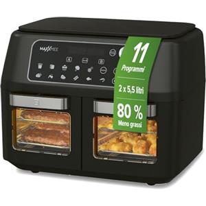 MAXXMEE Friggitrice ad aria calda a doppia camera, 11 litri, intelligente combinazione di forno ad aria calda, grill e friggitrice con 2 vani XXL da 5,5 litri, pannello di controllo digitale e