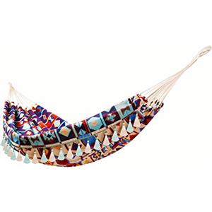 KEREITH Amaca da giardino, doppia amaca in cotone con frange da appendere sulla spiaggia o nel cortile esterno, Amaca brasiliana (Patron geometrico retrò jacquard, 280 x 150 cm, max load 450 libbre)