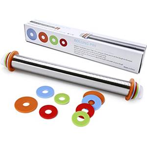 Hillento matterello, perni 17 Pollici Acciaio Inox Regolabili Impasto di rotolamento Bastone Rullo con 4 Anelli Spessore per Cottura della Pizza Biscotto Pasticceria, Antiaderente