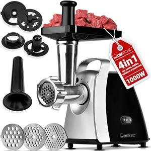Clatronic® Tritacarne 1000W | con attacco per biscotti/pasticceria | 3 dischi perforati in metallo | avanti e indietro | incluso insaccatore per salsicce | collo in metallo e vite senza fine | FW 3803