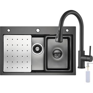 CECIPA Lavello da cucina, da 70 x 45 cm, con rubinetto estraibile, in acciaio inox, nero, incl. dispenser di sapone e sifone, lavello interno di ricambio e tagliere, nero