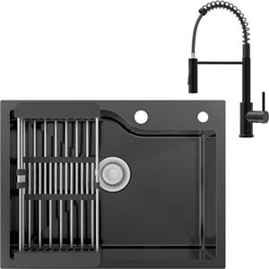 ANYCEE 60x45 cm Lavello Nero Inox con Rubinetto, Lavello Cucina 1 Vasca Nero con Foro e Cestello, Lavandino Cucina per Mobile da 60cm