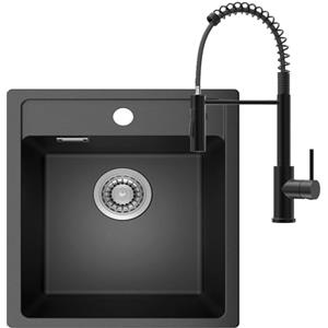 ANYCEE 40x46 cm Lavello Nero con Rubinetto Cucina Molla, Lavandino Cucina 1 Vasca in Granito, Lavello Quarzo per Mobile da 40cm con Sifone e Scarico