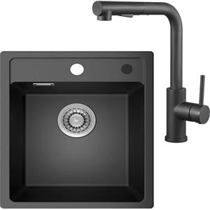 ANYCEE 40x46 cm Lavello Granito con Rubinetto Cucina Estensibile, Lavandino Cucina 1 Vasca in Quarzo, Lavello Nero per Mobile da 40cm con Sifone e Scarico