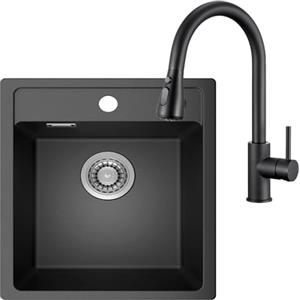 ANYCEE 45x46 cm Lavello Nero con Rubinetto Cucina Estensibile, Lavandino Cucina 1 Vasca in Granito, Lavello Quarzo per Mobile da 45cm con Sifone e Scarico