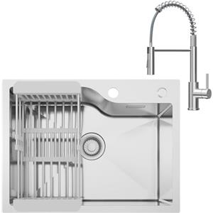 ANYCEE 60x45 cm Lavello Acciaio Inox con Rubinetto, Lavello Cucina 1 Vasca con Foro e Cestello, Lavandino Cucina per Mobile da 60cm